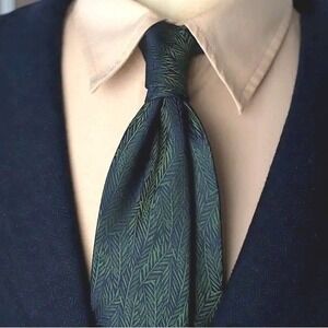 90's Dark Green Blue Sheen Herringbone Jacquard Necktie Vintage 80s Retro Tie